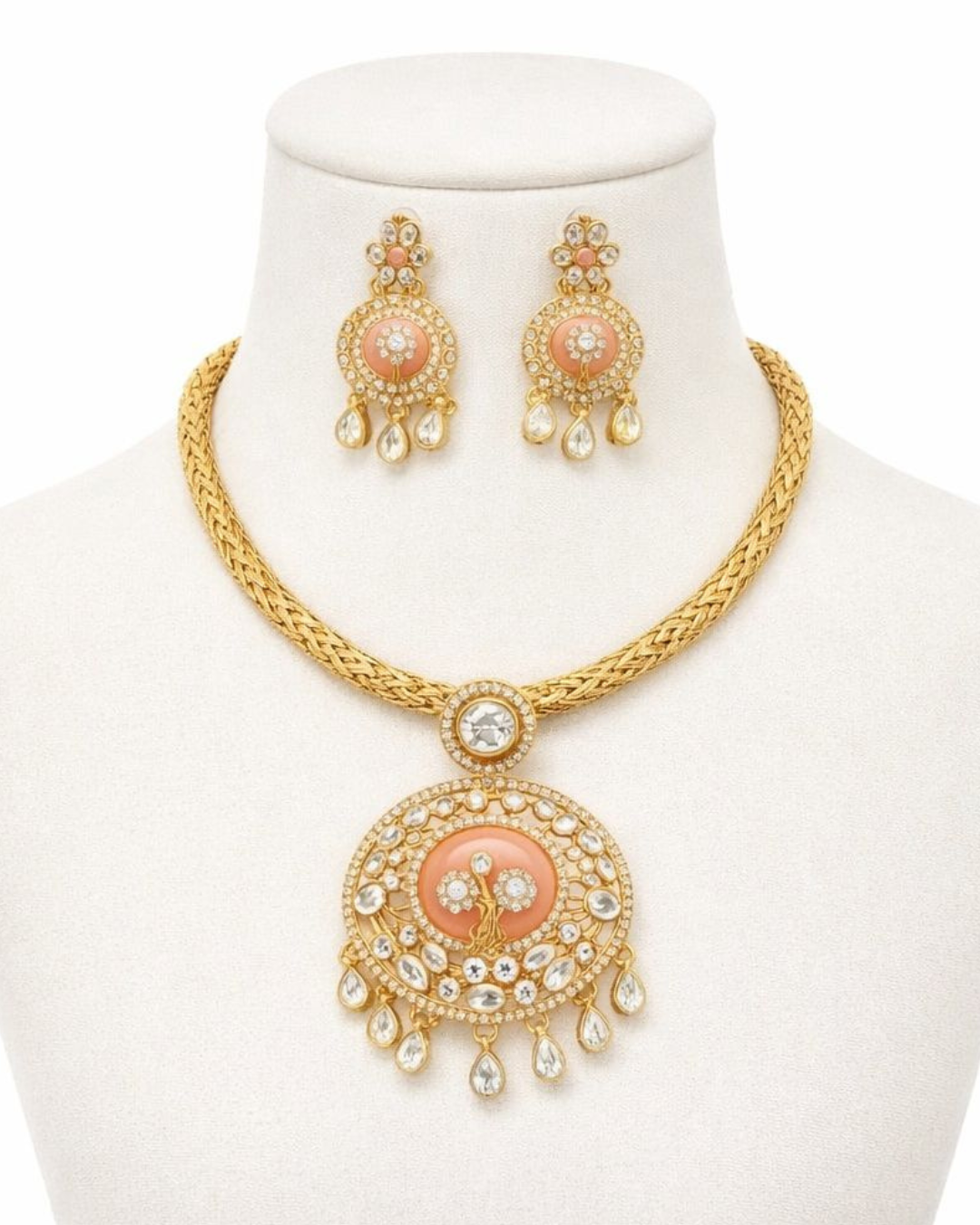 Gold Plated Kundan Peach Pendant Necklace Set with Earrings