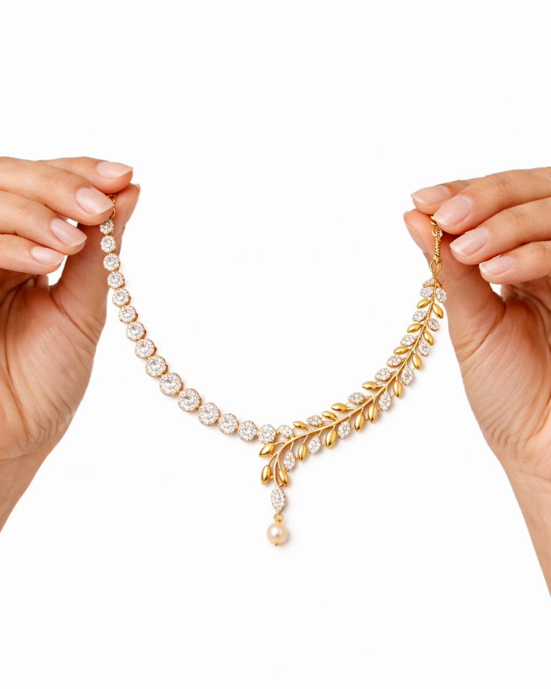 Premium Gold Finish Floral Crystal Necklace & Earrings Set