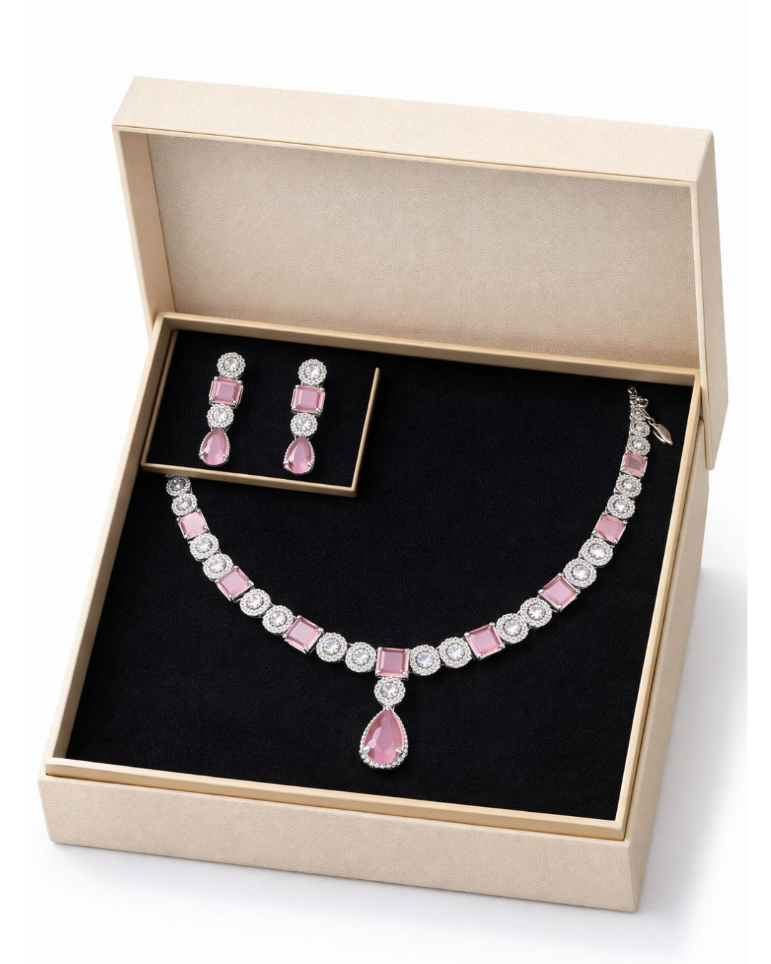 Elegant Pink Crystal Diamond Necklace Set with Matching Drop Earrings
