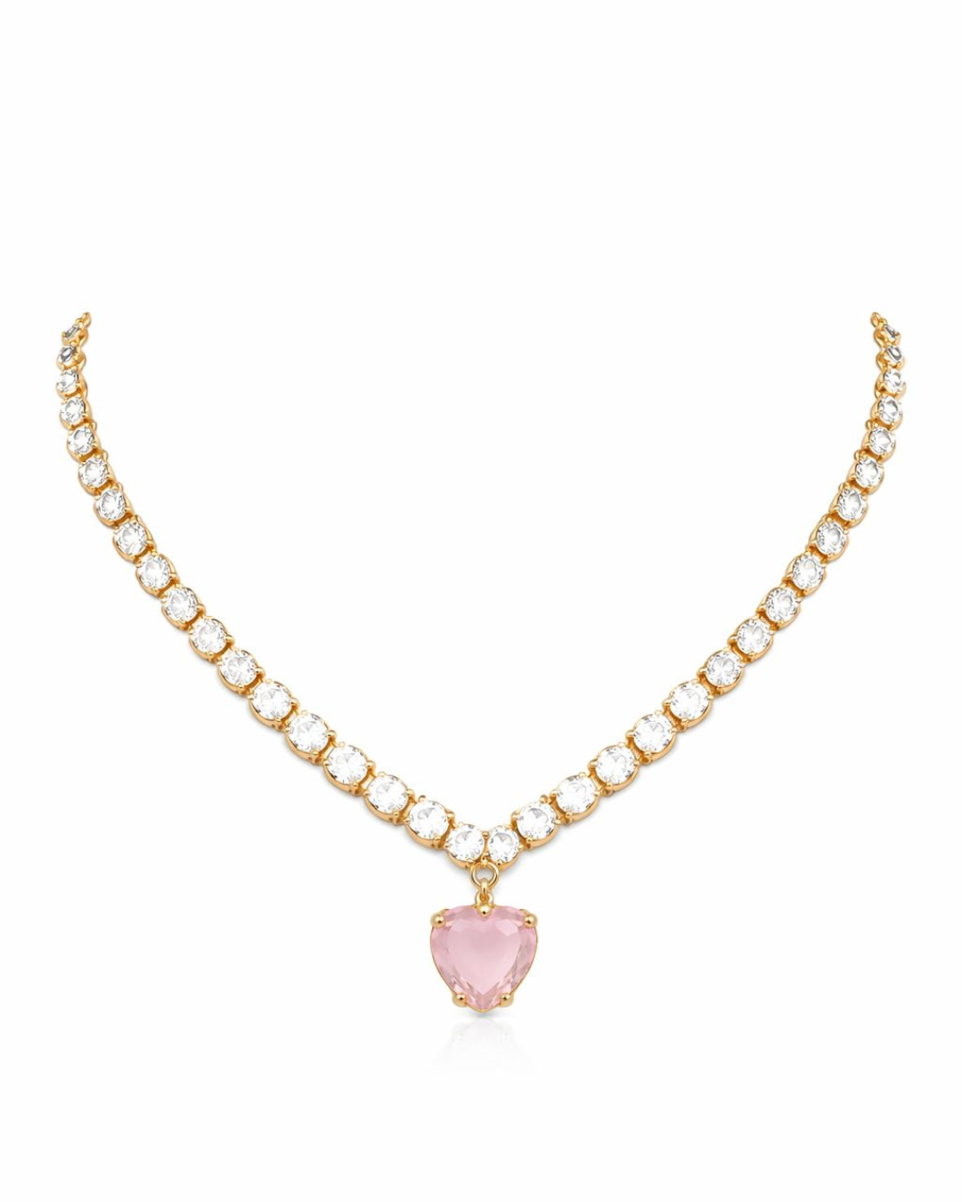 Premium Gold Finish Pink Crystal Heart Necklace & Earrings Set