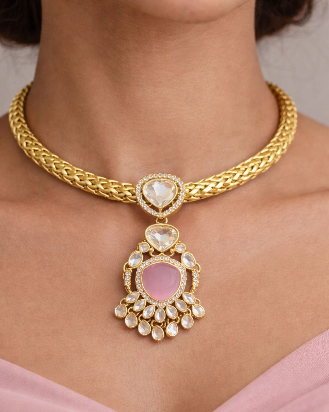 Gold Plated Kundan Necklace Set with Pink Stone Pendant & Matching Earrings