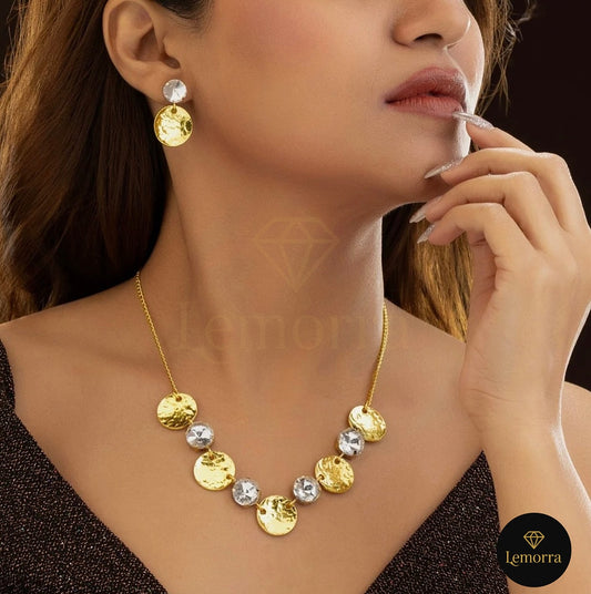 Modern Hammered Gold Disc & Crystal Necklace Set