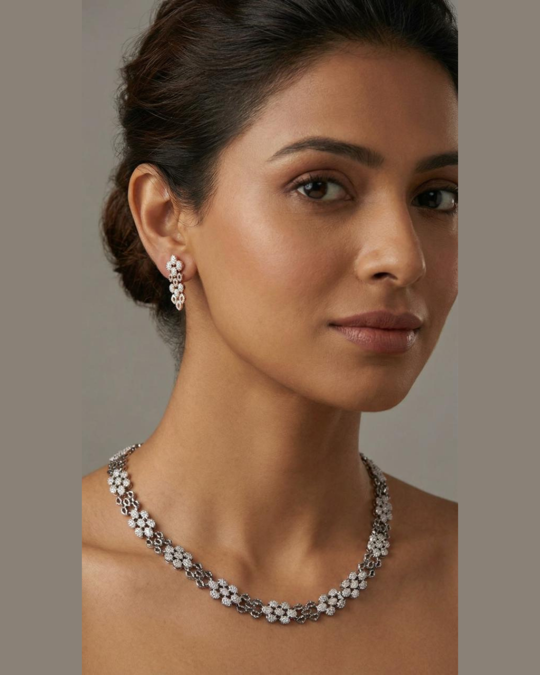 Premium Silver Finish Crystal Flower Necklace & Earrings Set
