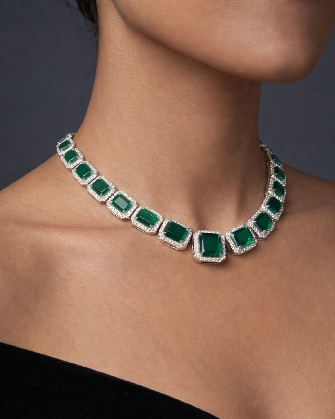 Emerald Green Stone Necklace Set for Women | Party  Wear Artificial Jewellery