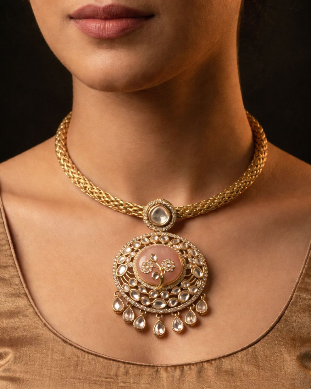 Gold Plated Kundan Peach Pendant Necklace Set with Earrings