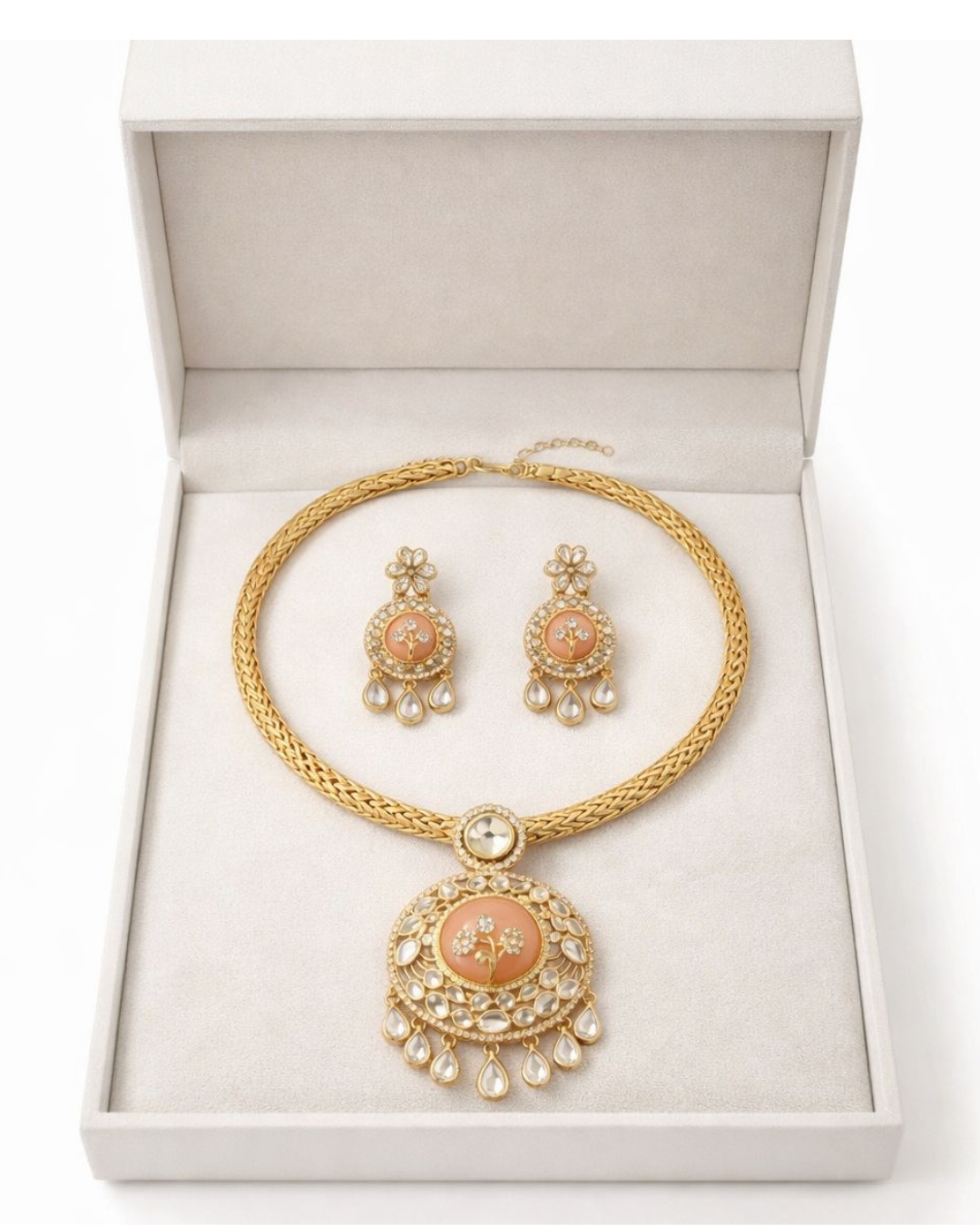 Gold Plated Kundan Peach Pendant Necklace Set with Earrings