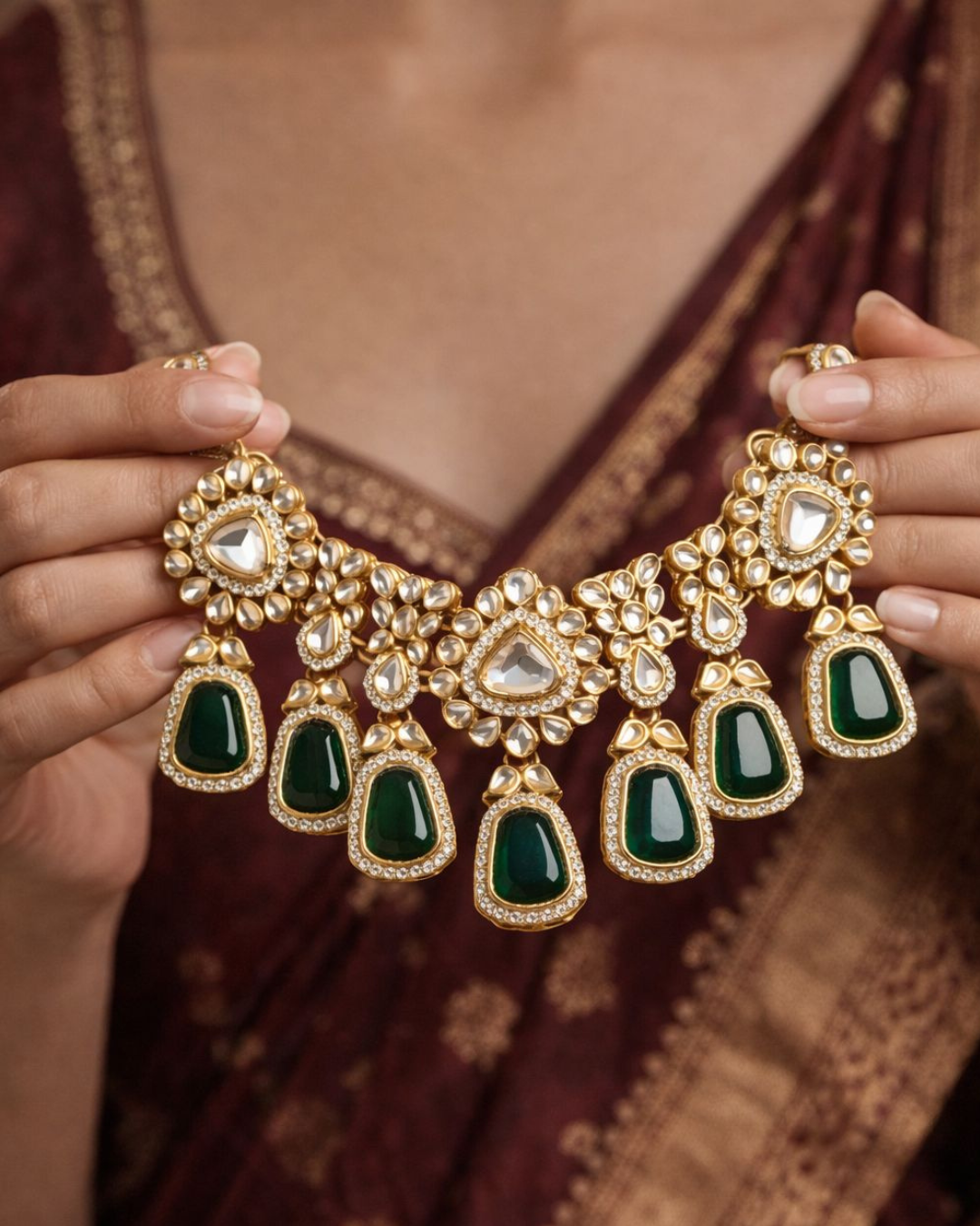 Royal Emerald Kundan Bridal Necklace Set with Maang Tikka & Earrings