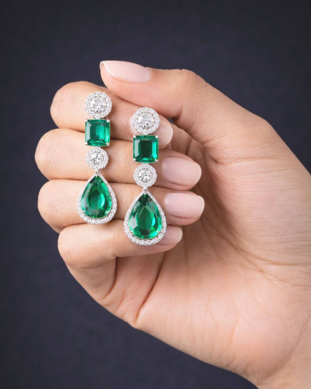 Emerald Green Crystal Diamond Necklace Set with Matching Earrings