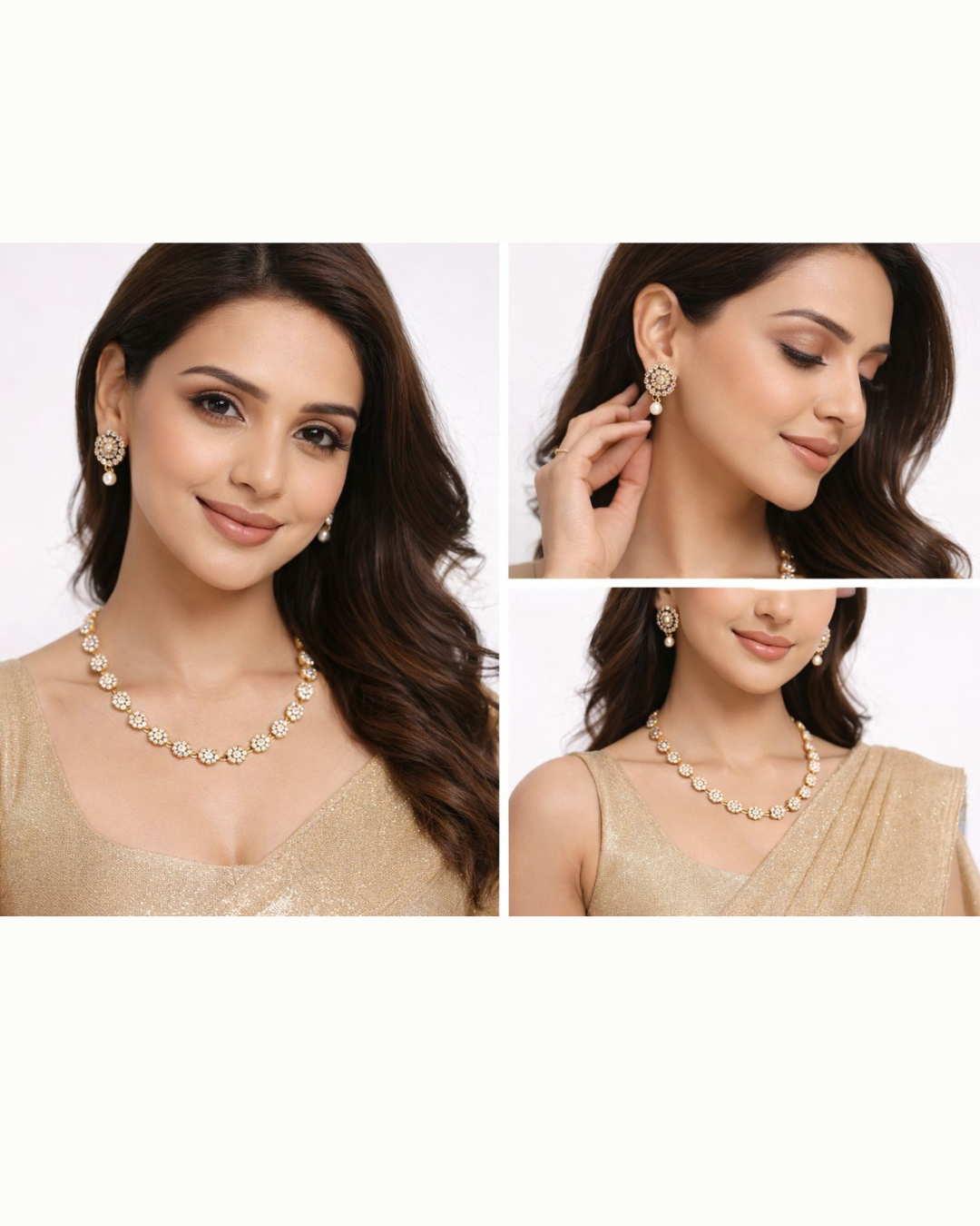 Premium Floral Crystal Necklace & Earrings Set – Gold Finish