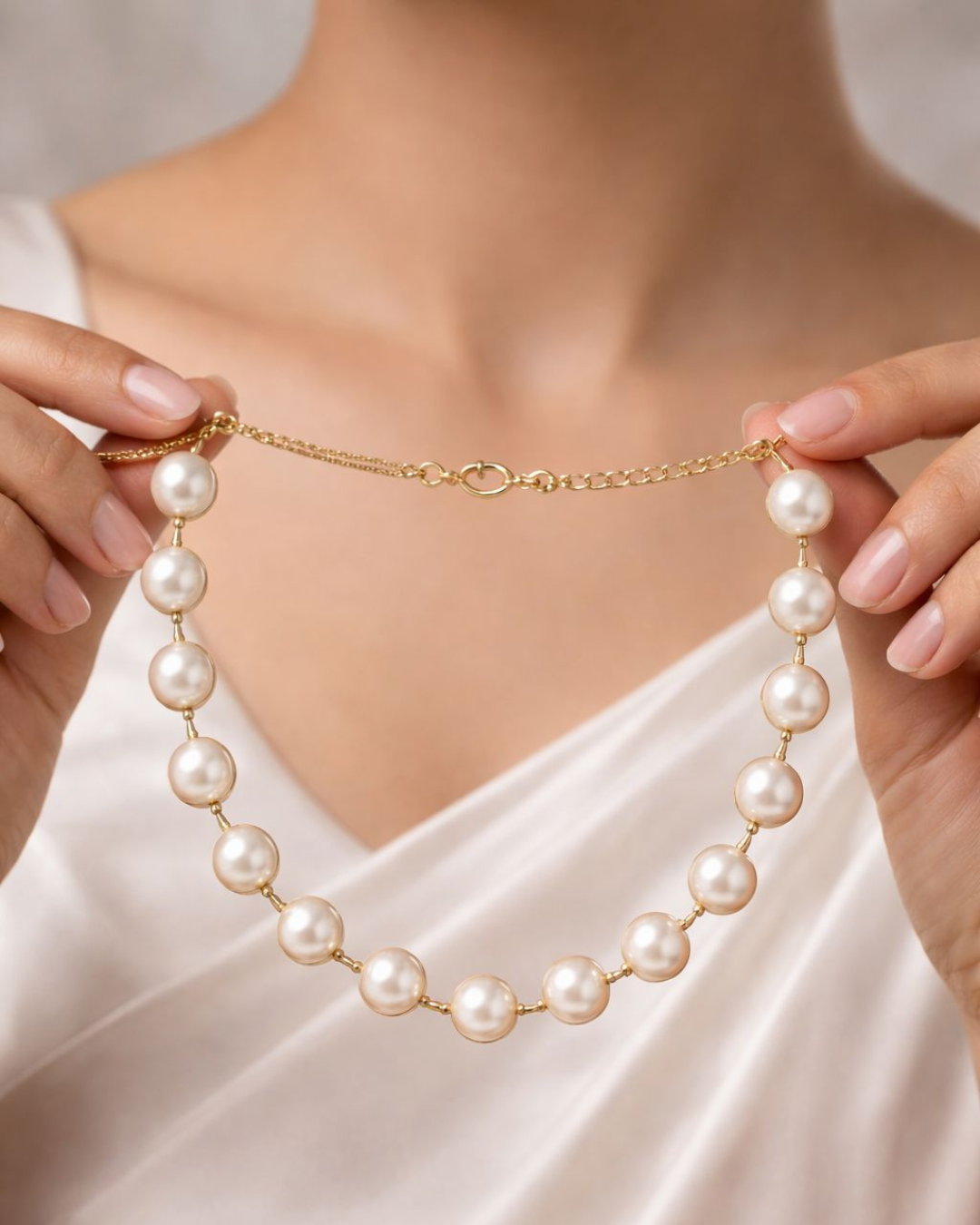 Classic Gold Plated Pearl Choker Necklace Set with Matching Stud Earrings