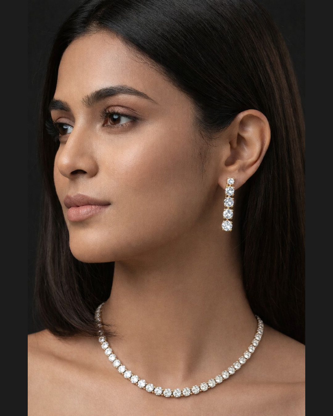 Premium Diamond-Look Crystal Necklace & Long Earrings Set – Gold Finish