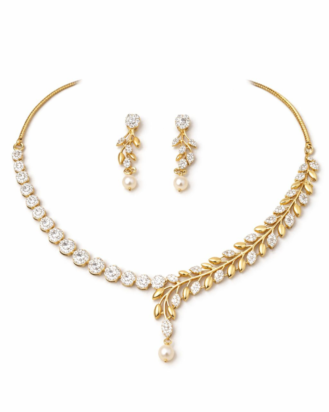 Premium Gold Finish Floral Crystal Necklace & Earrings Set