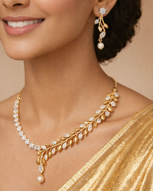 Premium Gold Finish Floral Crystal Necklace & Earrings Set