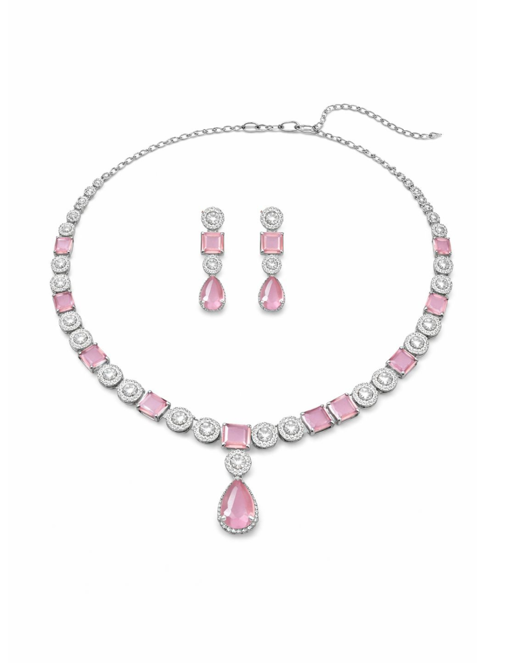 Elegant Pink Crystal Diamond Necklace Set with Matching Drop Earrings