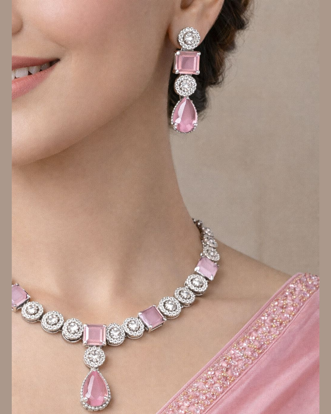 Elegant Pink Crystal Diamond Necklace Set with Matching Drop Earrings