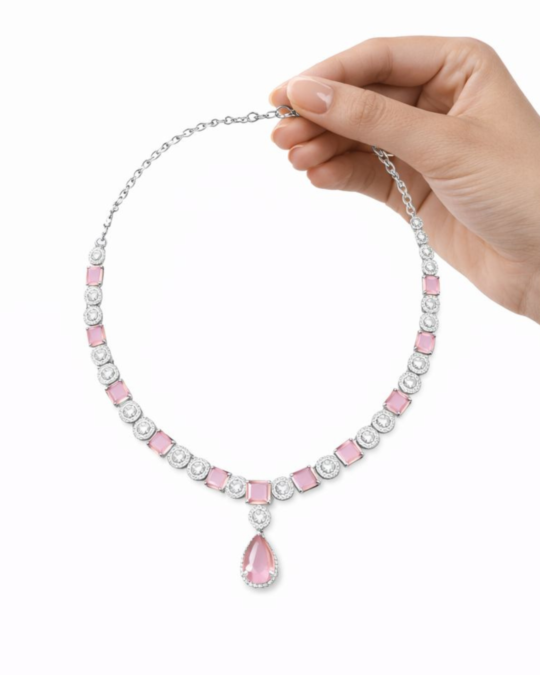 Elegant Pink Crystal Diamond Necklace Set with Matching Drop Earrings