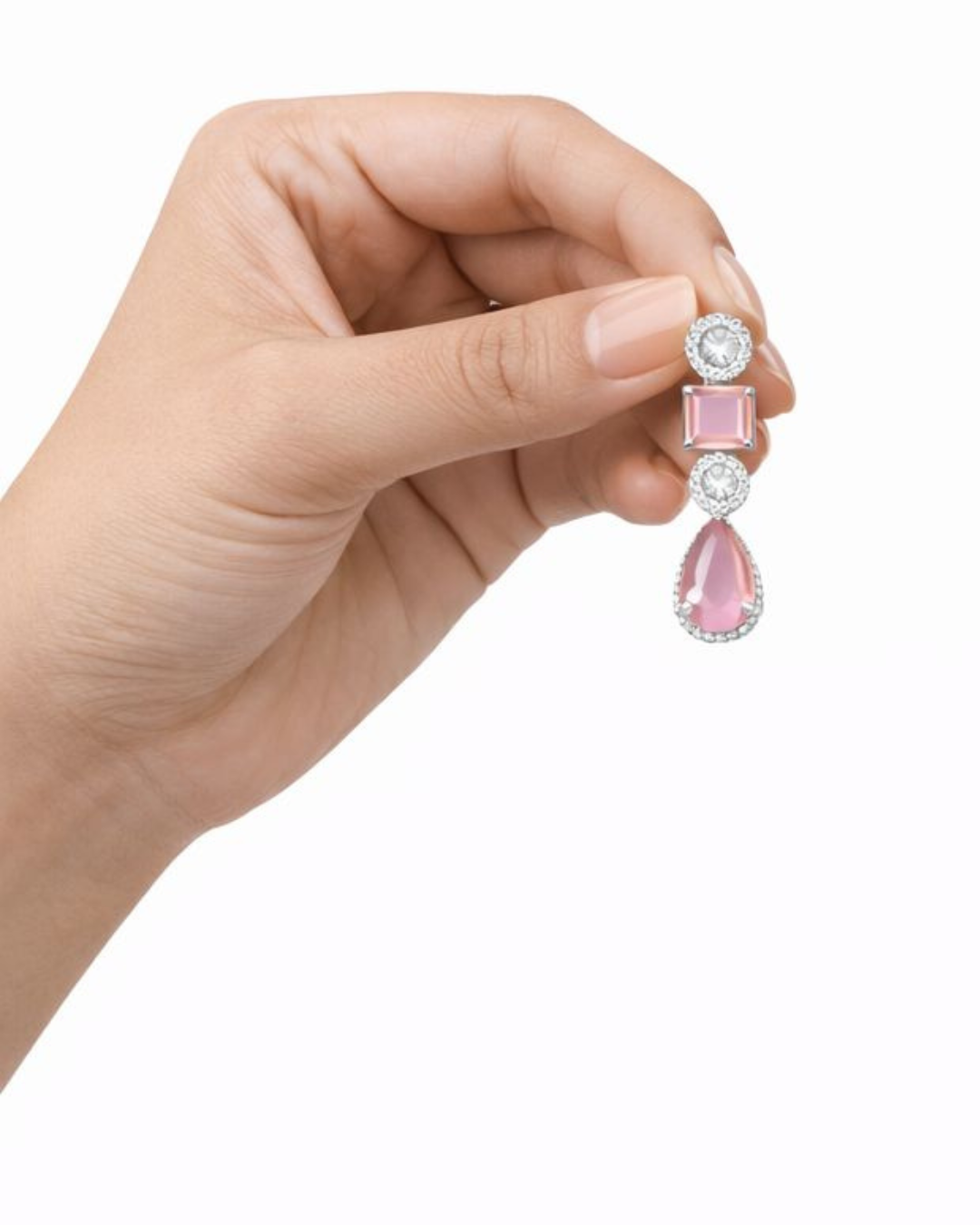 Elegant Pink Crystal Diamond Necklace Set with Matching Drop Earrings