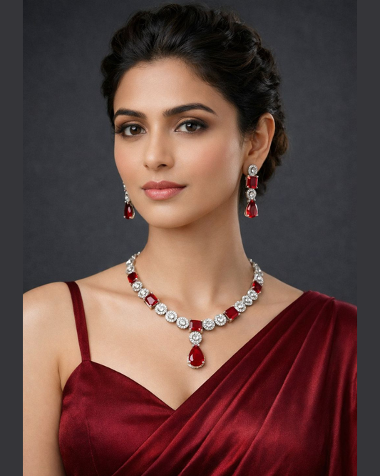 Luxury Ruby Red Crystal Necklace Set with Statement Drop Earrings