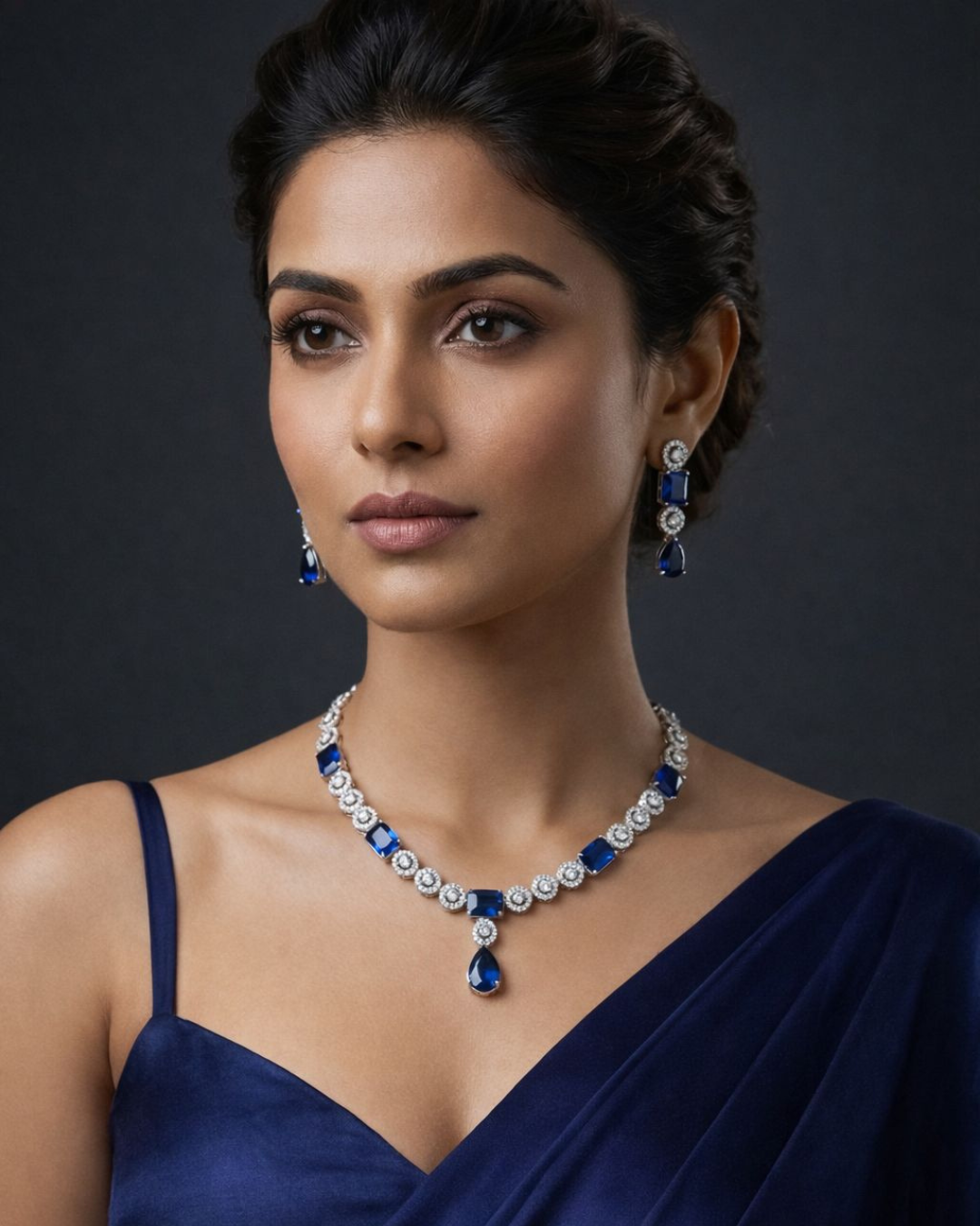 Premium Sapphire Blue Stone Diamond-Look Necklace Set – Silver Finish
