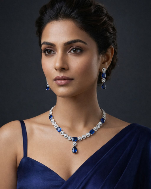 Premium Sapphire Blue Stone Diamond-Look Necklace Set – Silver Finish