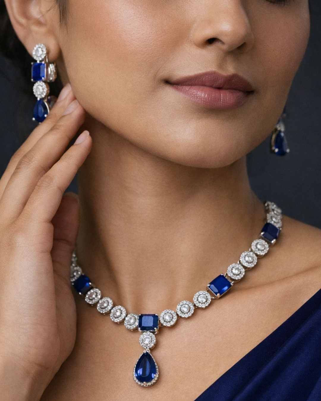 Premium Sapphire Blue Stone Diamond-Look Necklace Set – Silver Finish