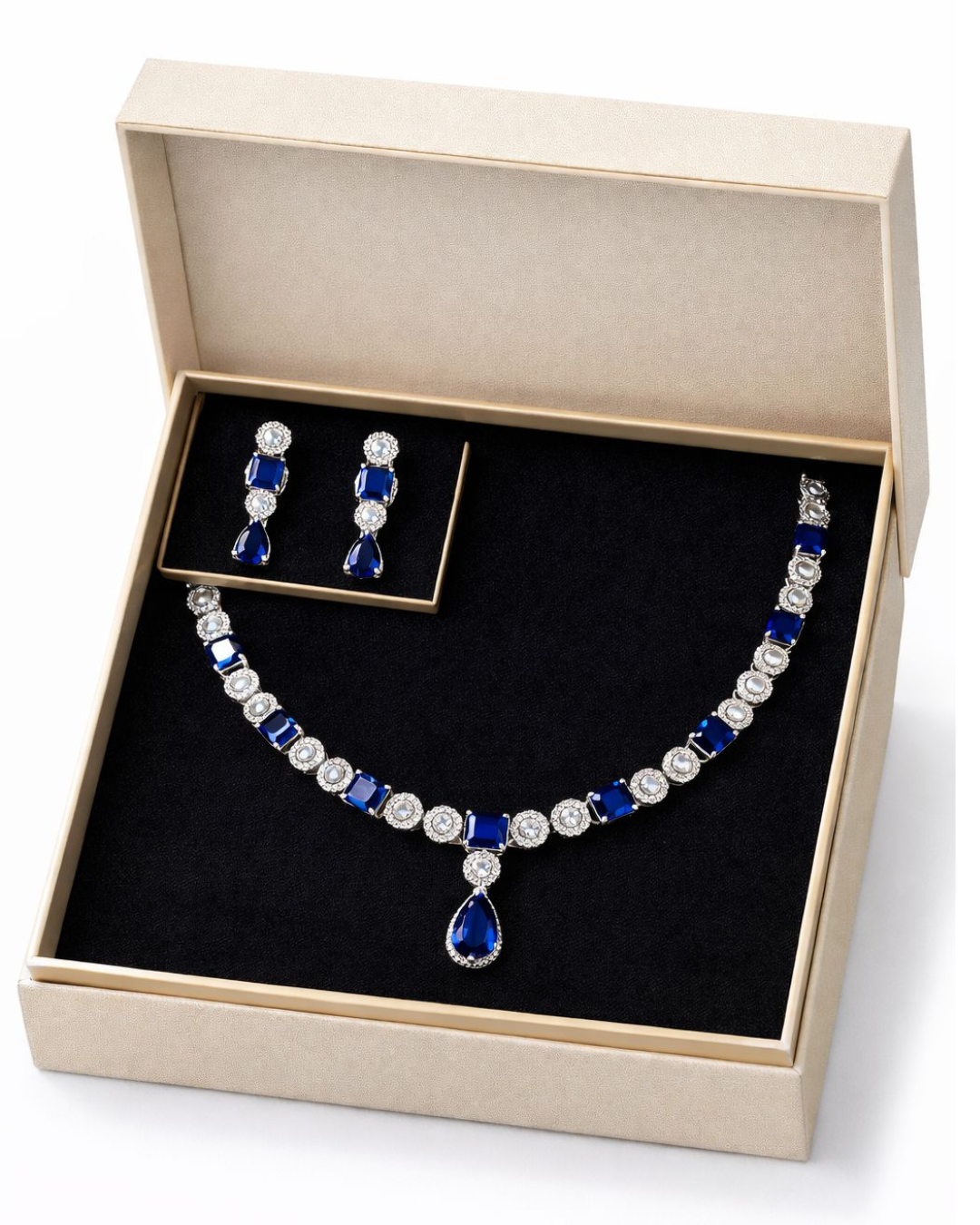 Premium Sapphire Blue Stone Diamond-Look Necklace Set – Silver Finish