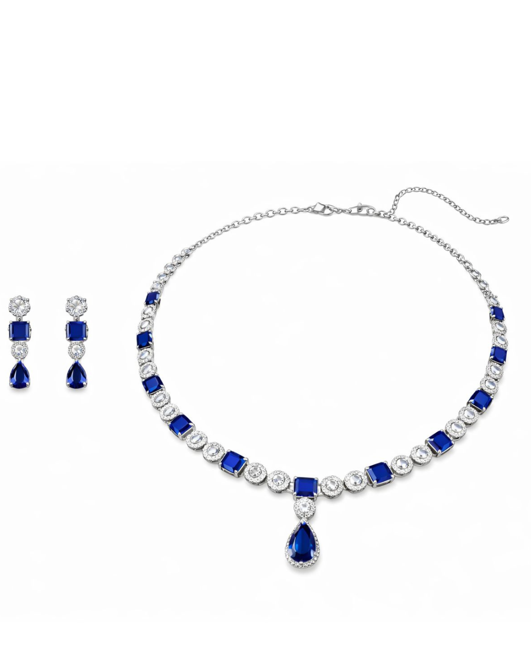 Premium Sapphire Blue Stone Diamond-Look Necklace Set – Silver Finish