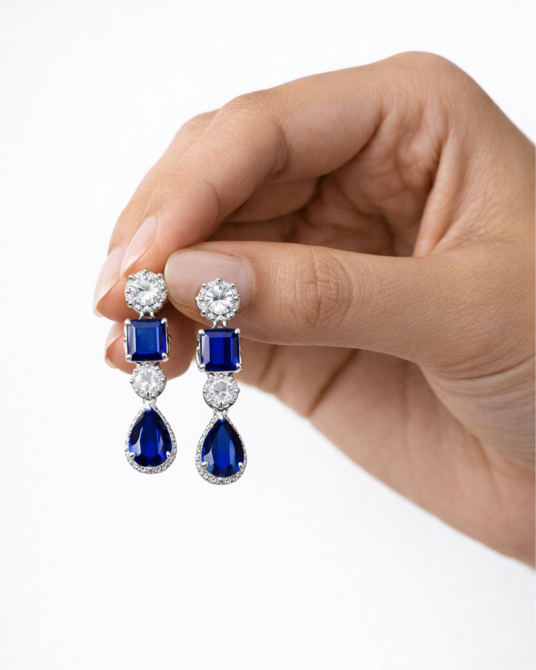 Premium Sapphire Blue Stone Diamond-Look Necklace Set – Silver Finish