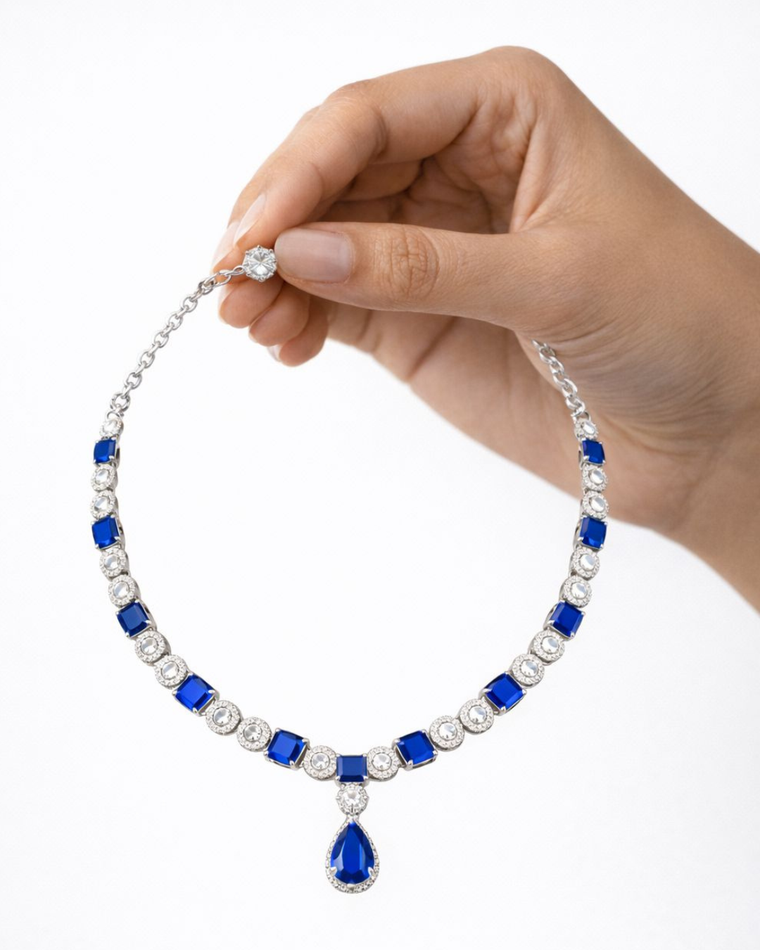 Premium Sapphire Blue Stone Diamond-Look Necklace Set – Silver Finish