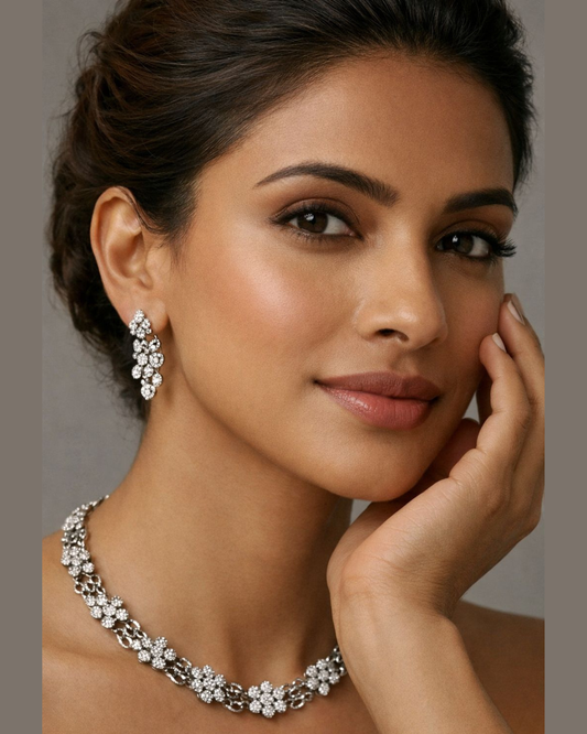 Premium Silver Finish Crystal Flower Necklace & Earrings Set