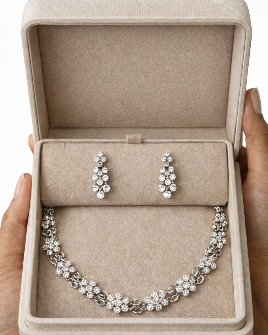 Premium Silver Finish Crystal Flower Necklace & Earrings Set