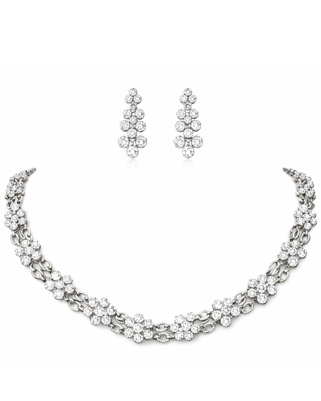Premium Silver Finish Crystal Flower Necklace & Earrings Set