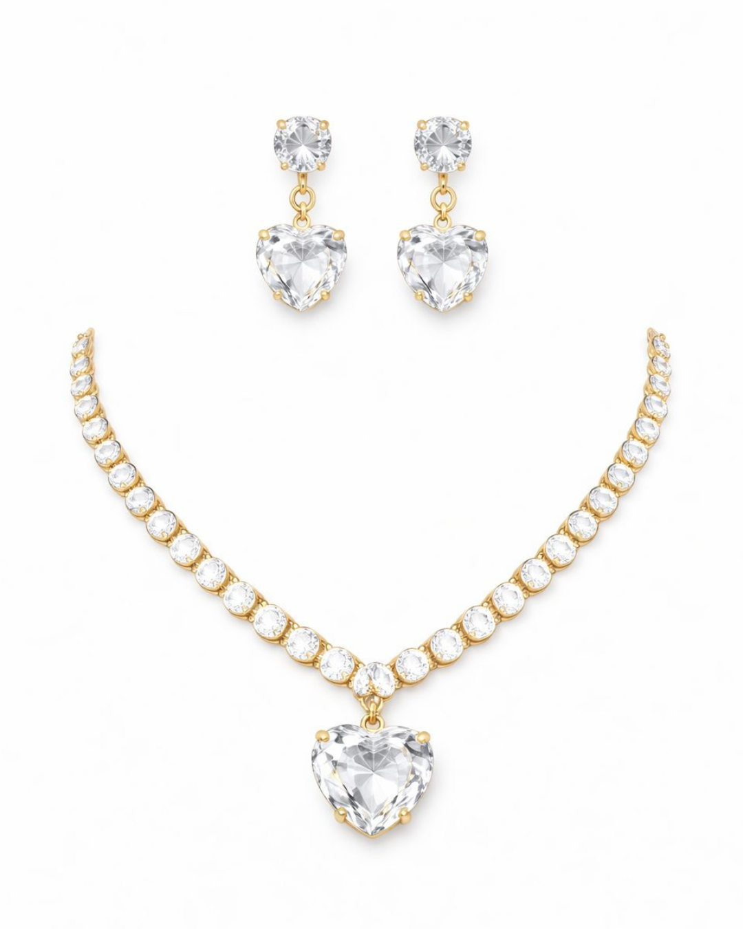 Premium Gold Finish Heart Diamond-Look Necklace & Earrings Set