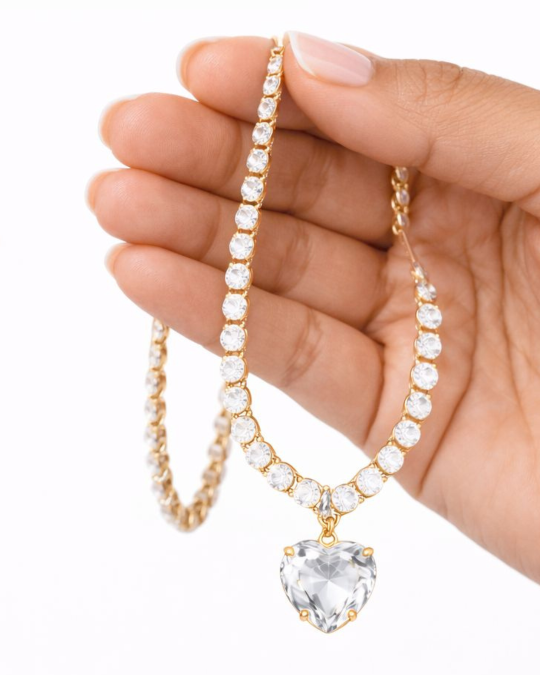 Premium Gold Finish Heart Diamond-Look Necklace & Earrings Set