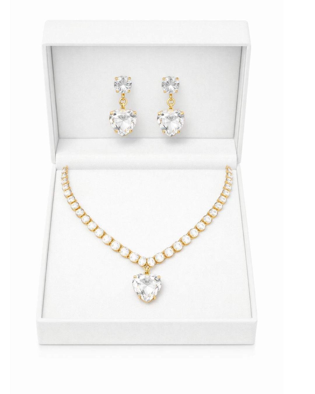 Premium Gold Finish Heart Diamond-Look Necklace & Earrings Set