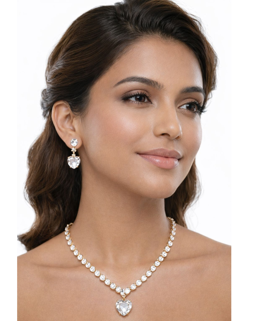 Premium Gold Finish Heart Diamond-Look Necklace & Earrings Set