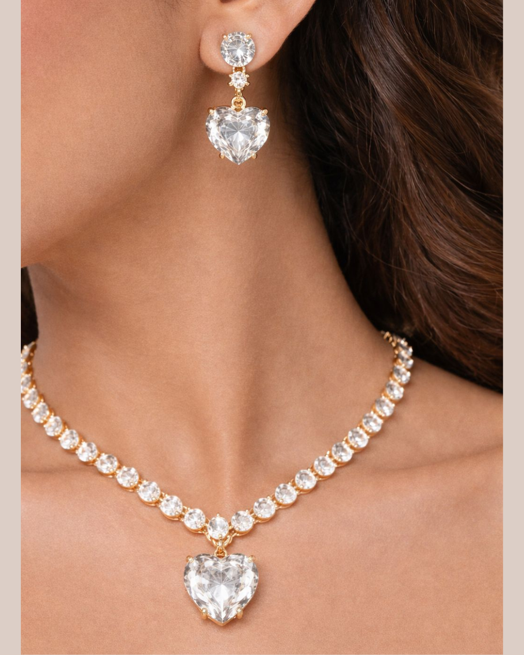 Premium Gold Finish Heart Diamond-Look Necklace & Earrings Set