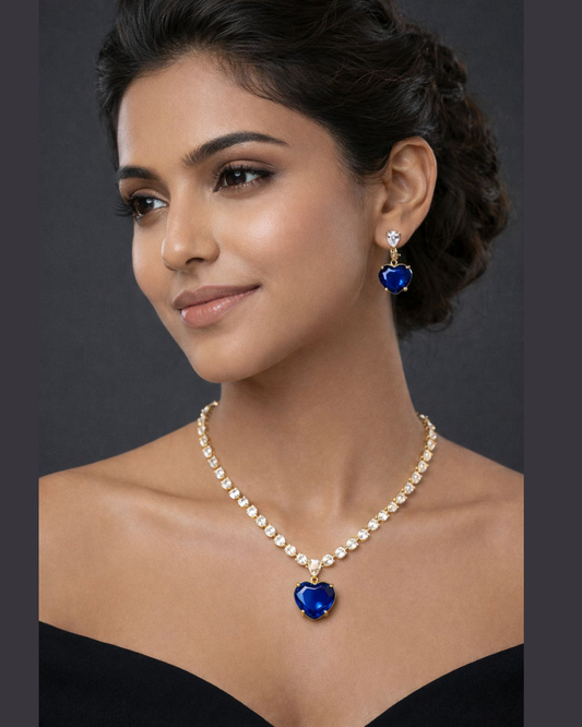 Premium Gold Finish Blue Crystal Heart Necklace & Earrings Set