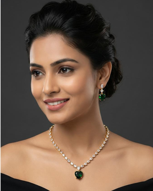 Premium Gold Finish Emerald Crystal Heart Necklace & Earrings Set