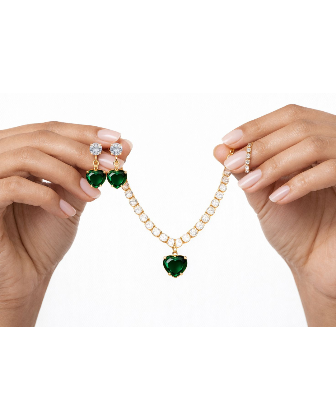 Premium Gold Finish Emerald Crystal Heart Necklace & Earrings Set