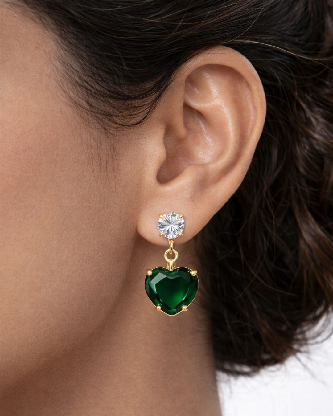 Premium Gold Finish Emerald Crystal Heart Necklace & Earrings Set