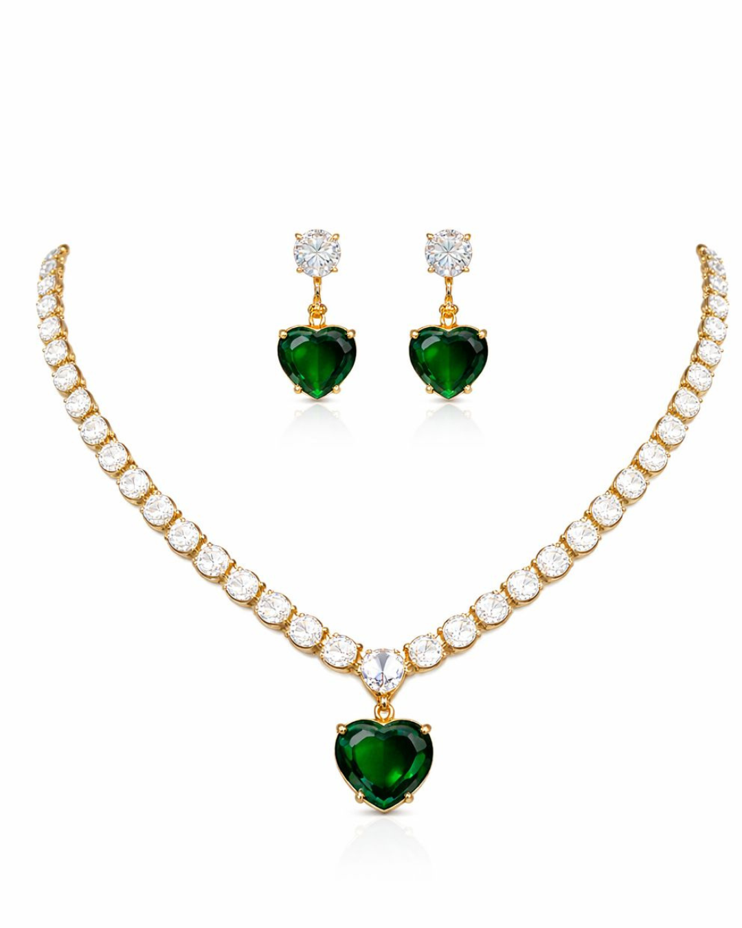 Premium Gold Finish Emerald Crystal Heart Necklace & Earrings Set