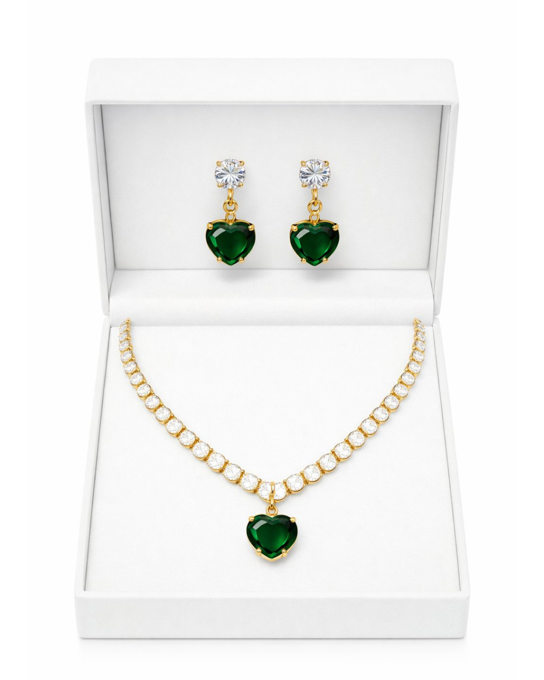 Premium Gold Finish Emerald Crystal Heart Necklace & Earrings Set