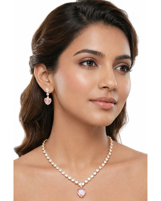 Premium Gold Finish Pink Crystal Heart Necklace & Earrings Set