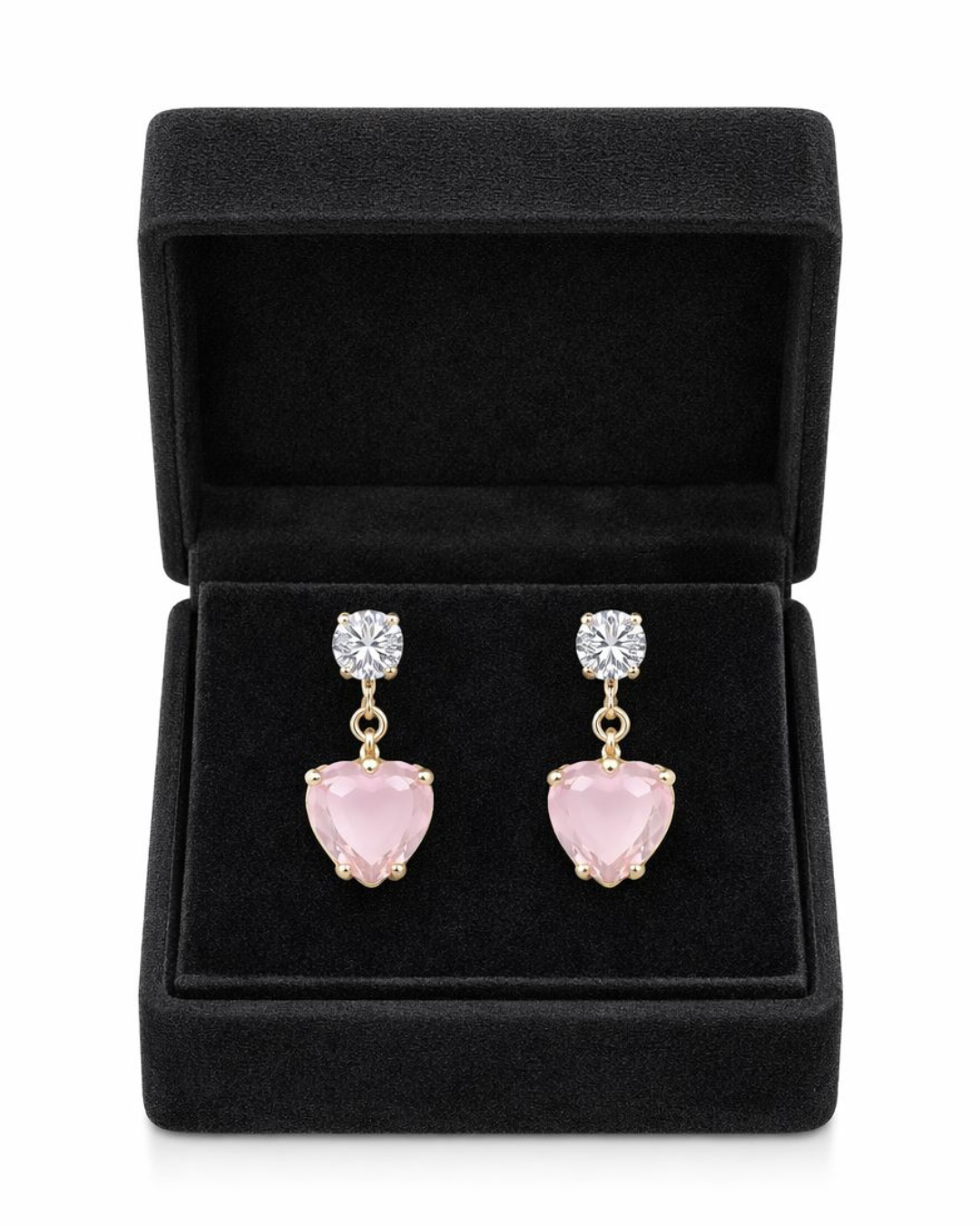Premium Gold Finish Pink Crystal Heart Necklace & Earrings Set