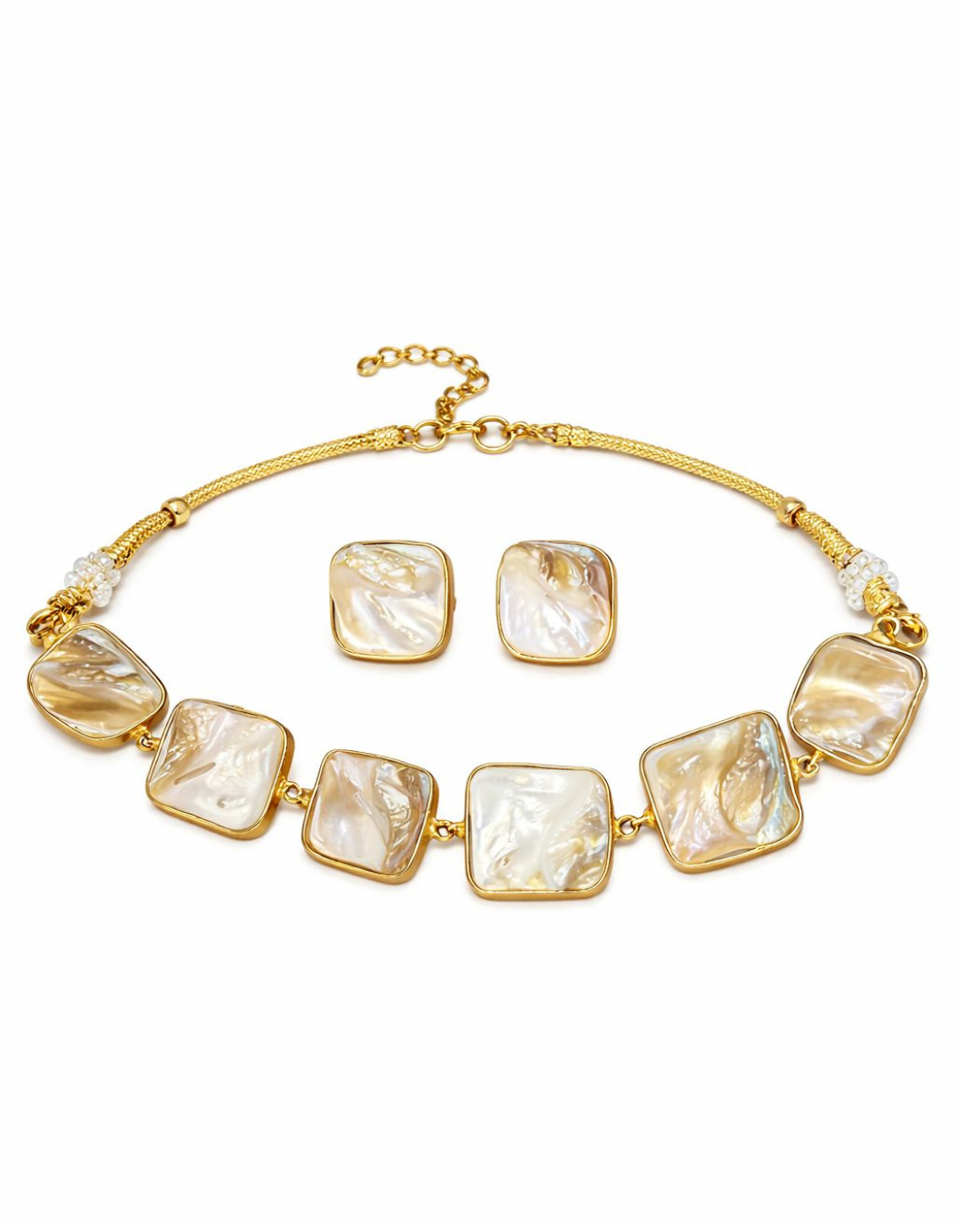 Mother of Pearl Brass Necklace Set with Earrings – Elegant Statement Jewelry