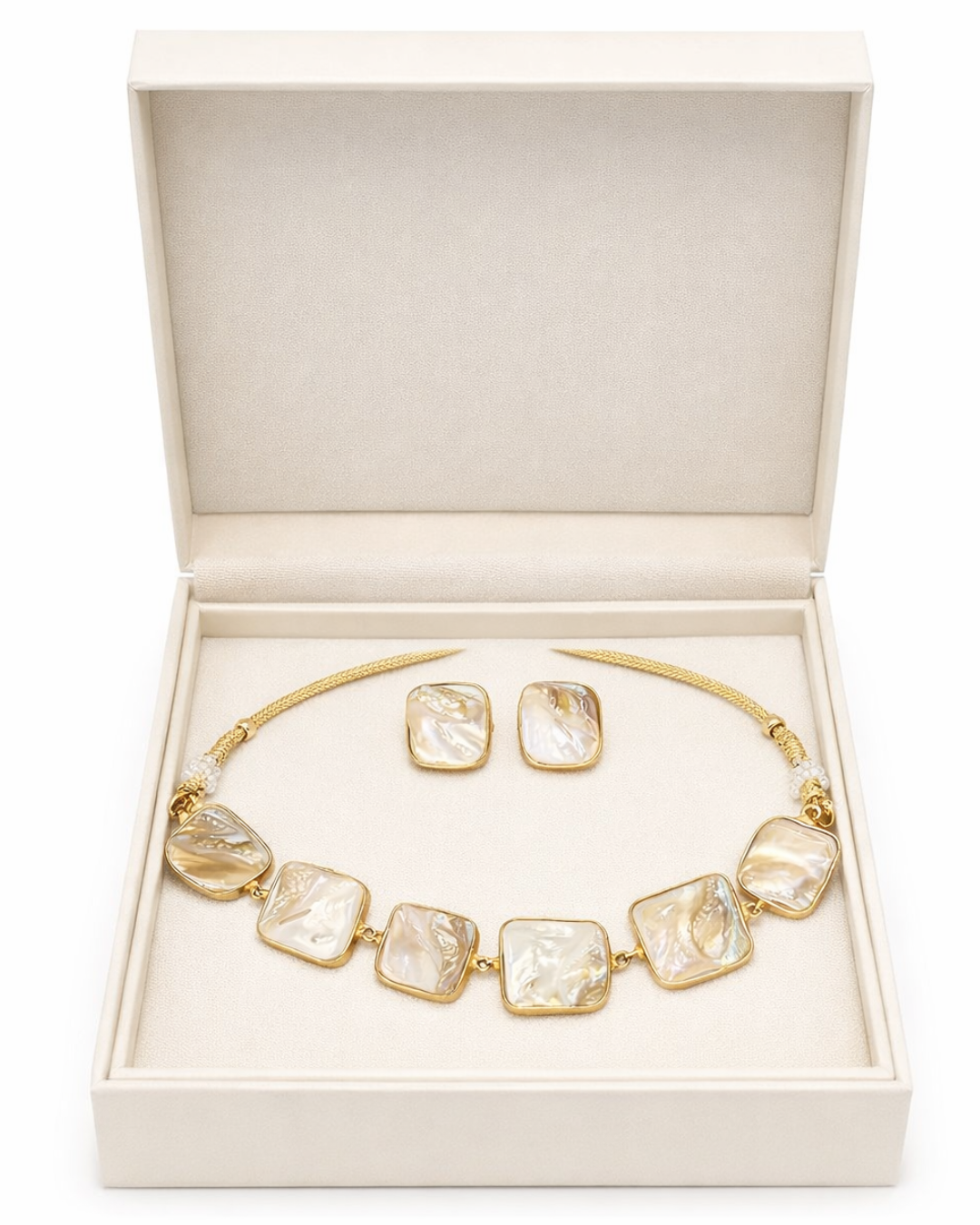 Mother of Pearl Brass Necklace Set with Earrings – Elegant Statement Jewelry