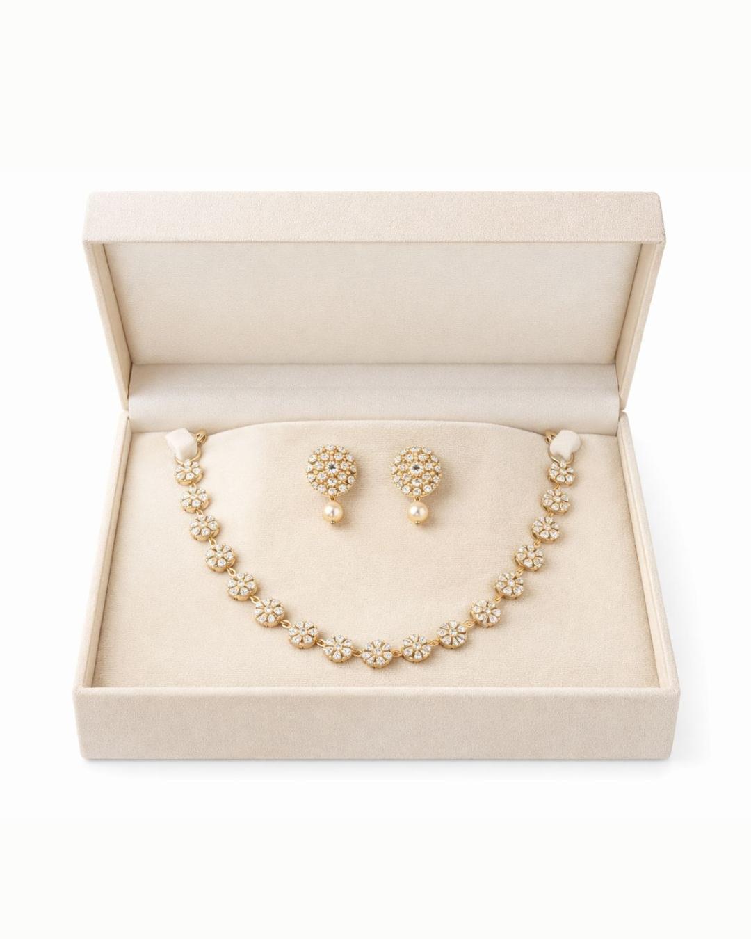 Premium Floral Crystal Necklace & Earrings Set – Gold Finish