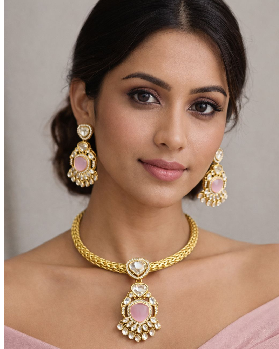 Gold Plated Kundan Necklace Set with Pink Stone Pendant & Matching Earrings