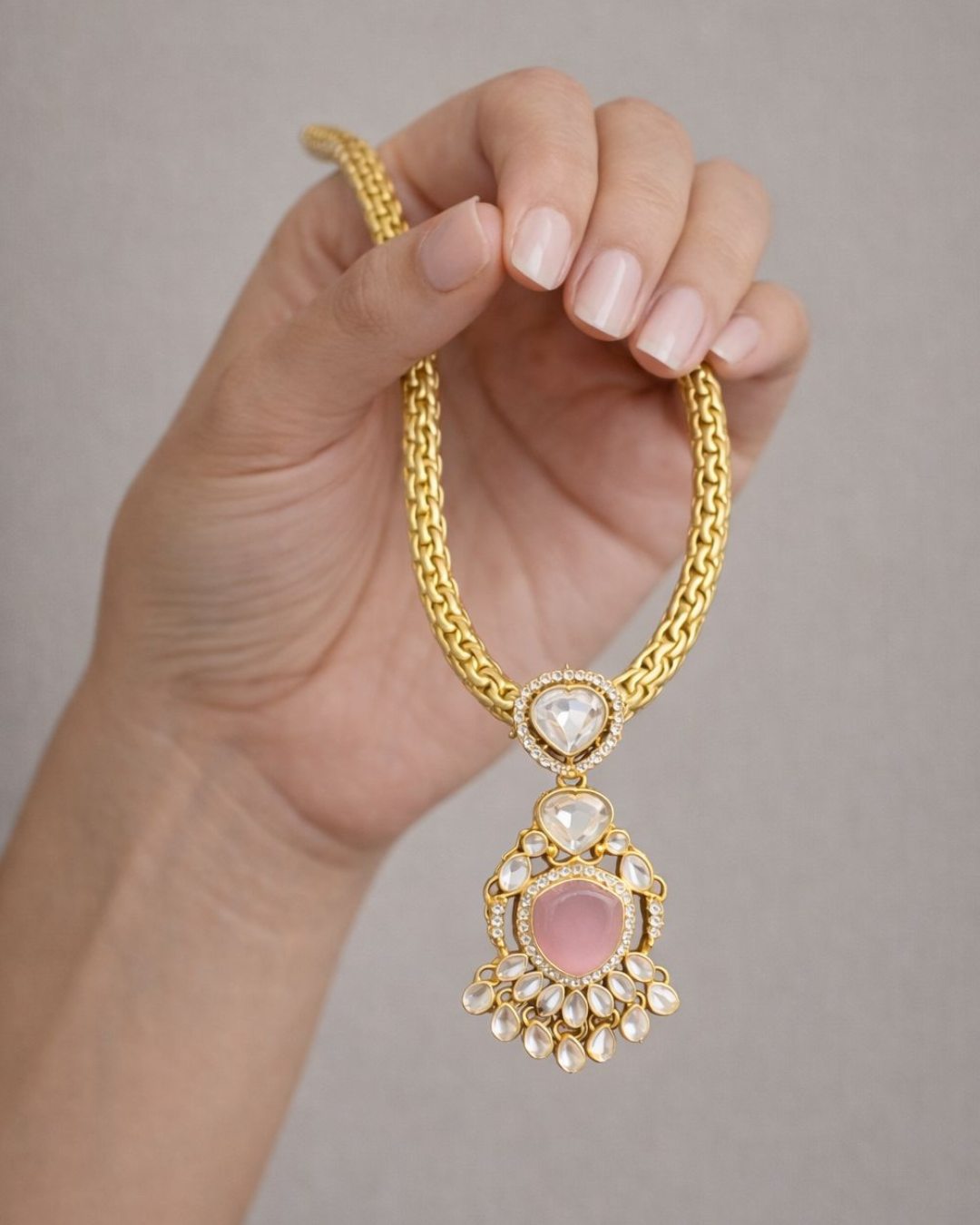 Gold Plated Kundan Necklace Set with Pink Stone Pendant & Matching Earrings